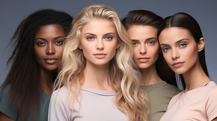 Obraz premium Portrait of beautiful women of different races smiling and happy on studio background