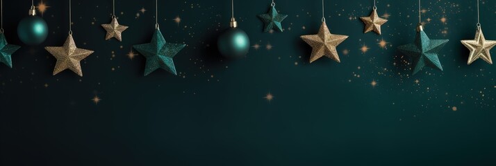 Naklejka premium Christmas green background with golden stars decoration and decorative balls with copy space, Generative AI