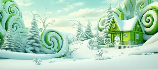 Christmas decorated house in fantasy world with candy cane and giant lollipops, Generative AI