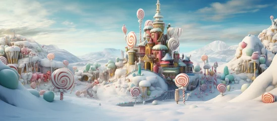 Christmas decorated house in fantasy world with candy cane and giant lollipops, Generative AI © Kaleb