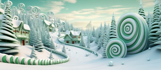 Christmas decorated house in fantasy world with candy cane and giant lollipops, Generative AI