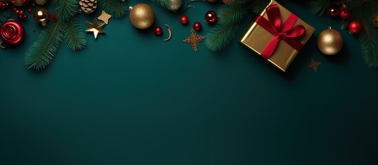 Christmas green banner with decoration and copy space, Generative AI