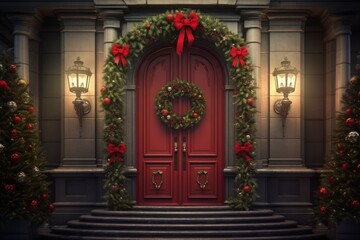 Red wooden door decorated with wreath and Christmas decorations, Home entrance with christmas...