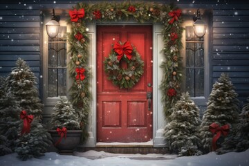 Red wooden door decorated with wreath and Christmas decorations, Home entrance with christmas...