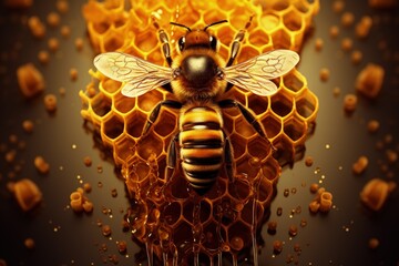 Bee close-up view on top of honeycomb, Generative AI