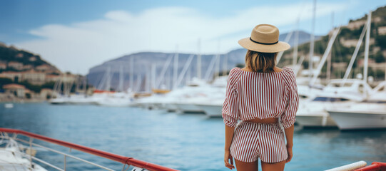Summer Glamour by the Sea. Elegant Woman on a Pier with Boats in the French Riviera. Chic Maritime Vibes. 
