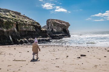 Family walking on beach in Santa Cruz, California