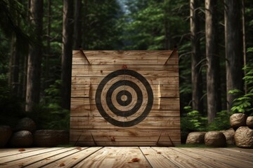 Arrow target on wooden background in forest, wooden dartboard, Generative AI

