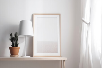 Fototapeta na wymiar A sleek and practical table with a lamp and picture frame mockup adds to the elegant simplicity of this modern room. AI Generative.