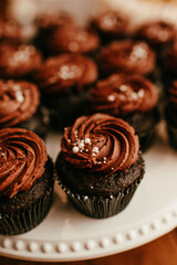 Delicious chocolate cupcakes with white decorative pearls, blurred background with more gourmet cupcakes and one in selective focus
