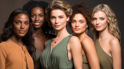 Obraz premium Portrait of beautiful women of different races smiling and happy on studio background