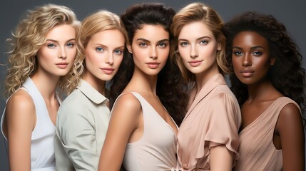 Obraz premium Portrait of beautiful women of different races smiling and happy on studio background