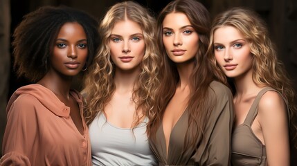 Obraz premium Portrait of beautiful women of different races smiling and happy on studio background