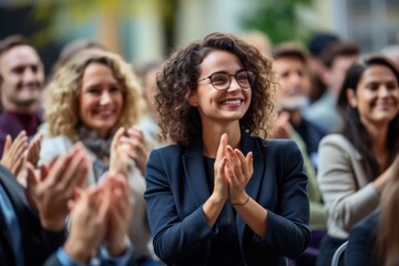 Applause. Happy business people as the audience at a seminar with support or motivation. Smiling team and staff are clapping for success, deal, or celebration in a workshop or conference.