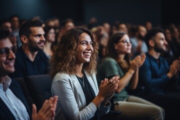 Applause. Happy business people as the audience at a seminar with support or motivation. Smiling team and staff are clapping for success, deal, or celebration in a workshop or conference.