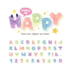 Watercolor alphabet font and number set. Colourful hand drawn cute childish typeface for children book, education, school, scrapbook, poster, birthday card, graphic print, etc.