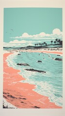 Holiday in paradise - Risograph screenprint print - idyllic beach, holiday resort