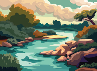 River and trees with cloudy sky in the background vector drawing