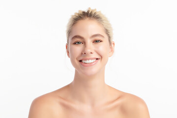 Beautiful smile young woman. White teeth on white background, Dental care. Dentistry concept.
