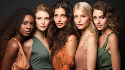 Obraz premium Portrait diversity beauty women with skincare smile and happy models, different and empowerment with motivation against studio background