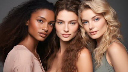 Obraz premium Portrait diversity beauty women with skincare smile and happy models, different and empowerment with motivation against studio background