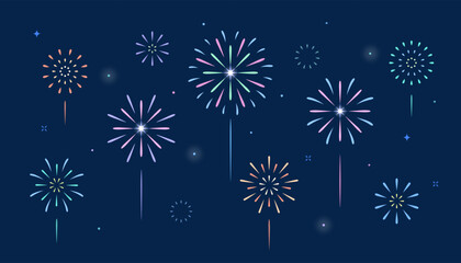 Fototapeta na wymiar Fireworks illustration: celebrating festival on dark blue background. simple colorful firework icons
