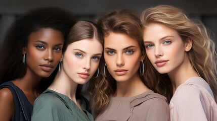 Obraz premium Portrait diversity beauty women with skincare smile and happy models, different and empowerment with motivation against studio background