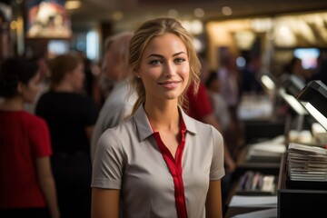 Fototapeta premium Smiling good-looking saleswoman Cashier serving customers