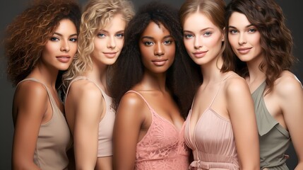 Fototapeta premium Portrait diversity beauty women with skincare smile and happy models, different and empowerment with motivation against studio background