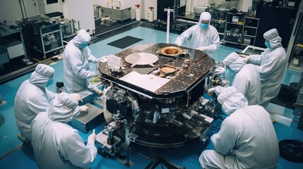 Group of scientists and engineers in a sterile lab room assembling device machinery