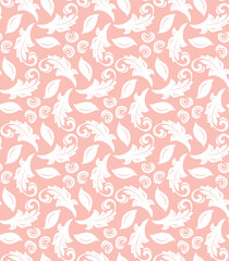 Floral vector ornament. Seamless abstract classic background with pink and white leaves. Pattern with repeating floral elements. Ornament for wallpaper and packaging