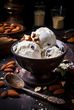 coconut ice cream toppings made with nuts, in the style of raw materials
