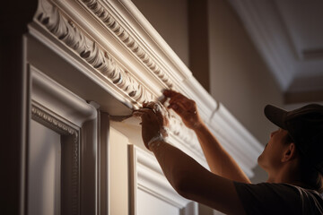 Man's hands create plaster moldings on the cornice in an old mansion.