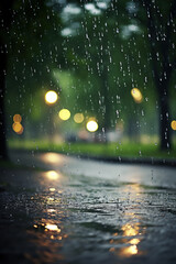 Heavy rain in the city. Tree on a blurred background.