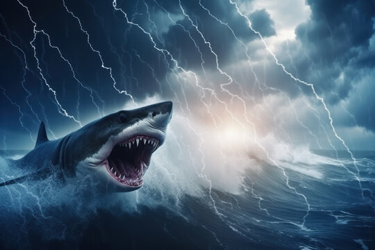 A giant shark swims in a storm across the sea.