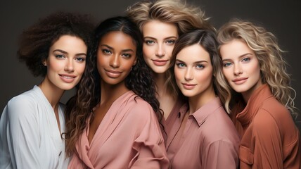 Obraz premium Portrait diversity beauty women with skincare smile and happy models, different and empowerment with motivation against studio background