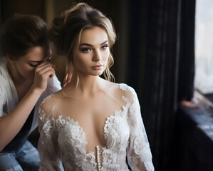 Brides last minute touches on wedding dress.