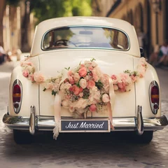 Fototapete Oldtimer  Classic Wedding Car with 'Just Married' Plate and Flower Decorations