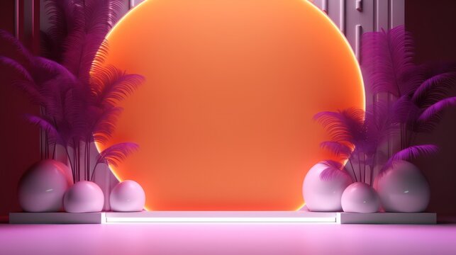 Orange neon circle for mockup, with purple palm leaves. AI Generation 