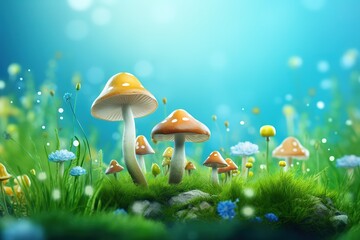 Wild mushrooms in magic forest. Background in cartoon style