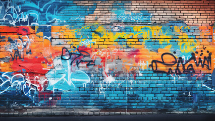 Urban brick wall covered with graffiti