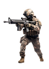 Military soldier holding M16. Full body shot over isolated transparent background