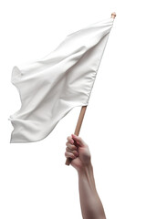 Hand raising a white flag of surrender, peace. Isolated transparent background - obrazy, fototapety, plakaty