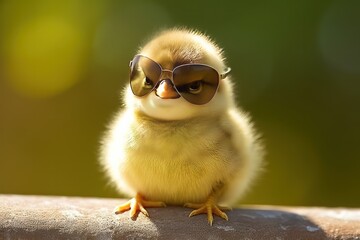 Cute little chicken in sunglasses on blurred background, closeup view