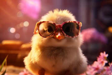 Cute little chick wearing sunglasses with bokeh on background.