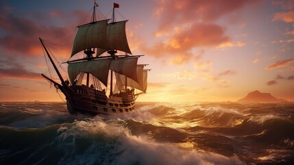Illustration of Christopher Columbus' ship crossing the ocean - obrazy, fototapety, plakaty