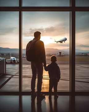 Father with son looking out through window at airplanes, Silhouette of father and son standing in front of the window in airport