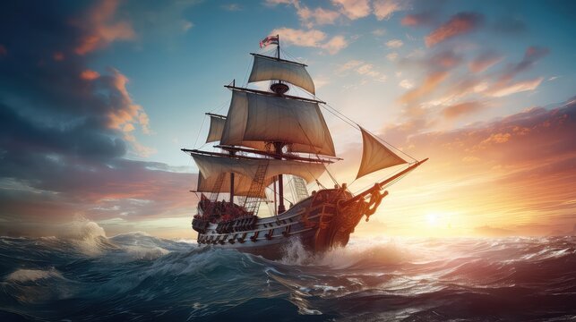 Illustration of Christopher Columbus' ship crossing the ocean