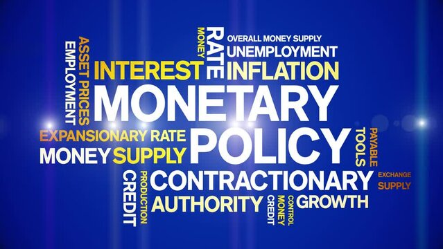 Monetary Policy animated tag word cloud;text design animation kinetic typography seamless loop.