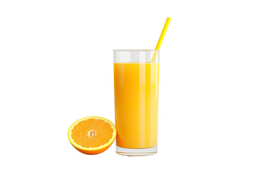 3D render of a cup of orange juice, set against a stark white background PNG